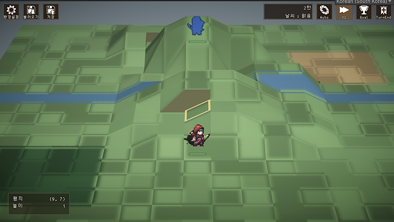 SRPG battle map. Pixel units stand on tiled terrain, with a minimap off to one side.